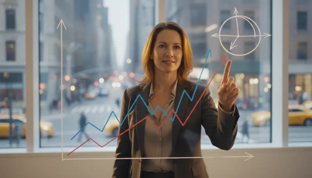 Geschäftsfrau zeichnet steigende Diagrammlinien am Glas.