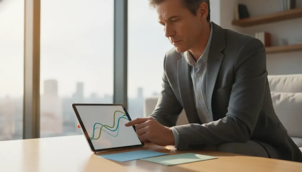 Geschäftsmann im Anzug prüft Diagramme am Tablet.