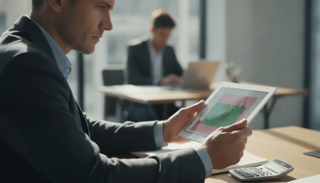 Geschäftsmann betrachtet Diagramme auf Tablet im Büro.