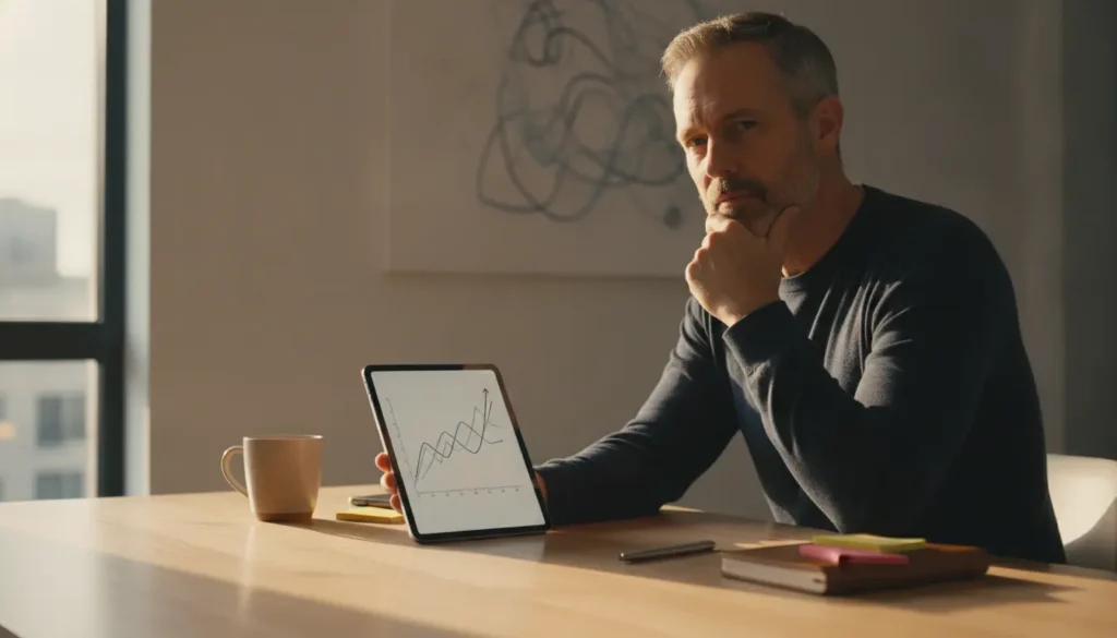 Mann betrachtet Diagramm auf Tablet am Schreibtisch.